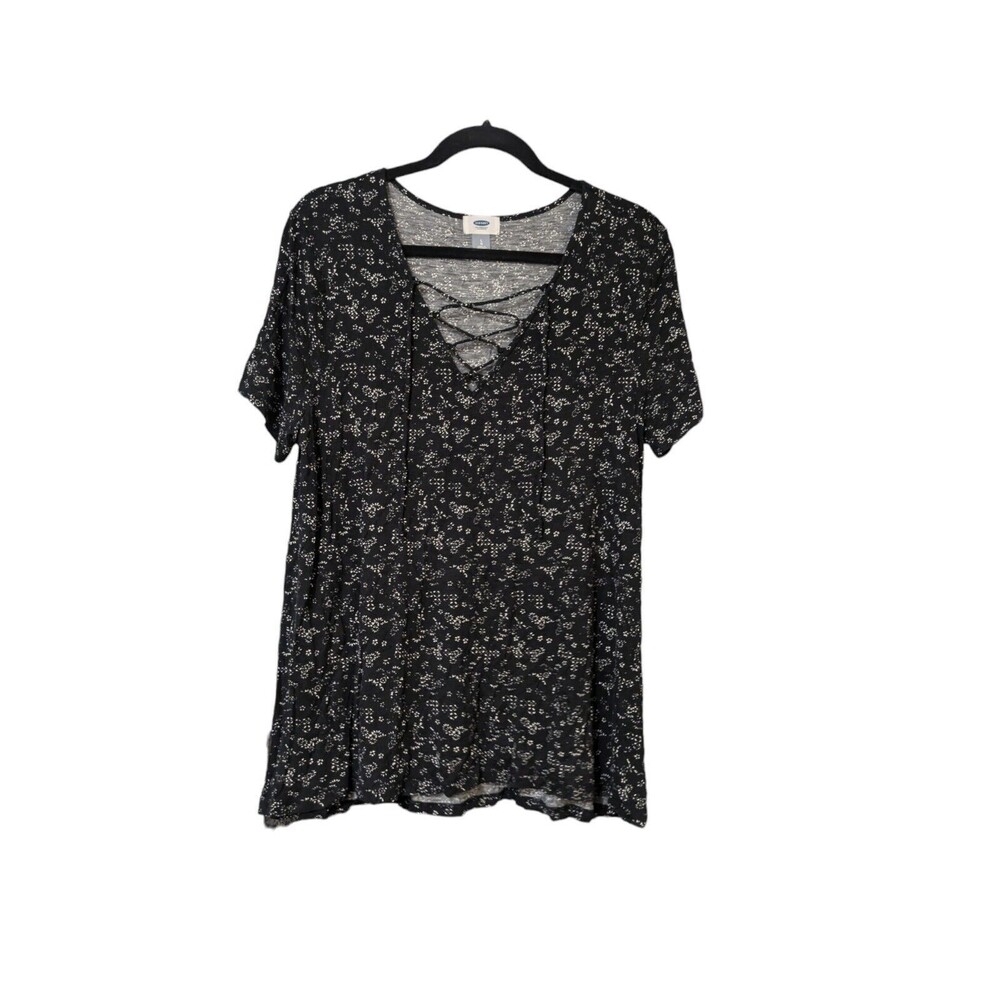 Old Navy Womens Shirt Size L Black Floral Tie V-Neck Short Sleeve Classic Top